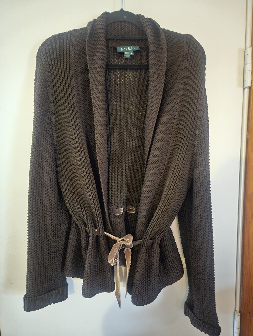 Lauren Ralph Lauren Brown 100% Cotton Cardigan Sweater XL Velvet Tie